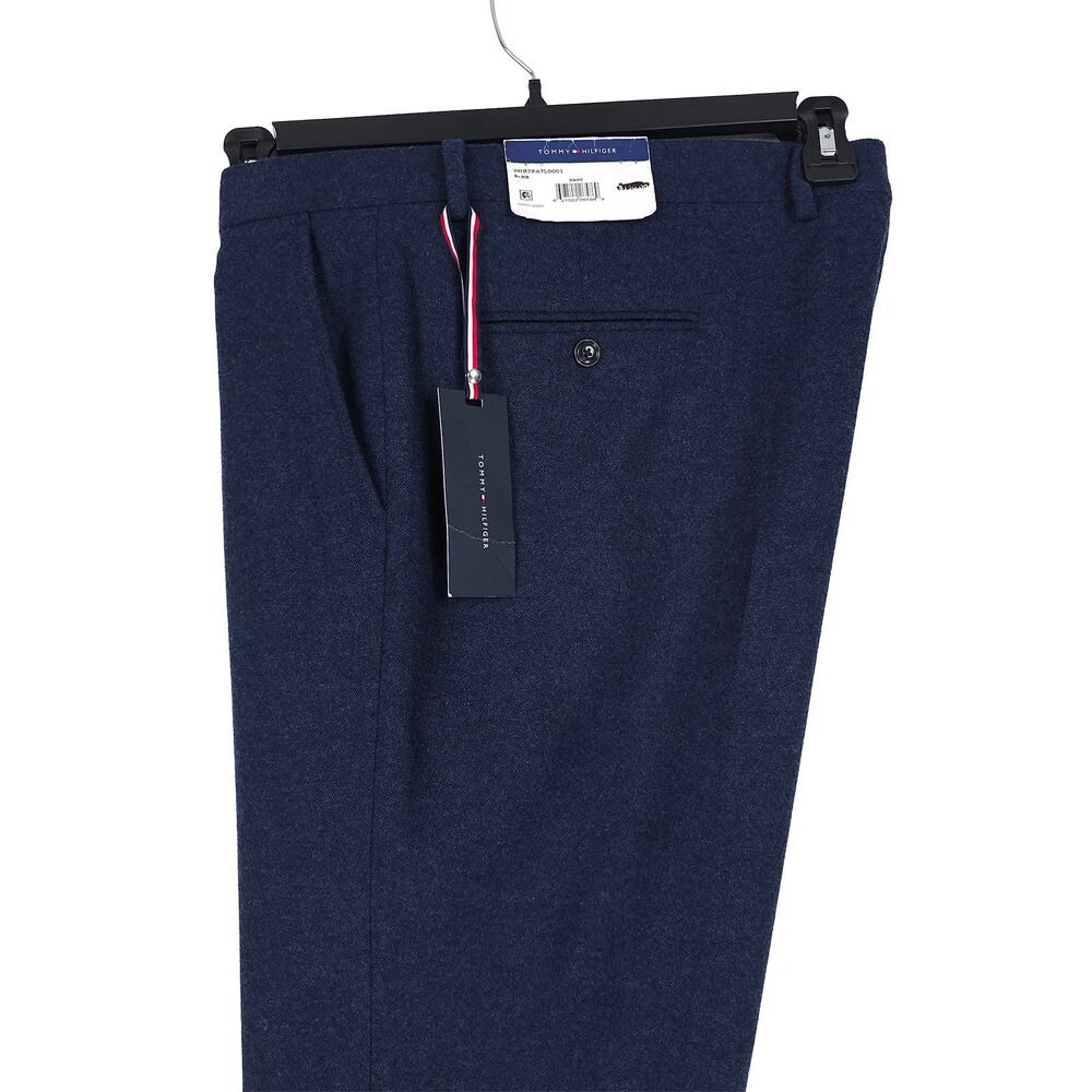 Tommy Hilfiger Mens Modern Fit Dress Pants 42x29 Navy Pleated Tweed Wool Blend